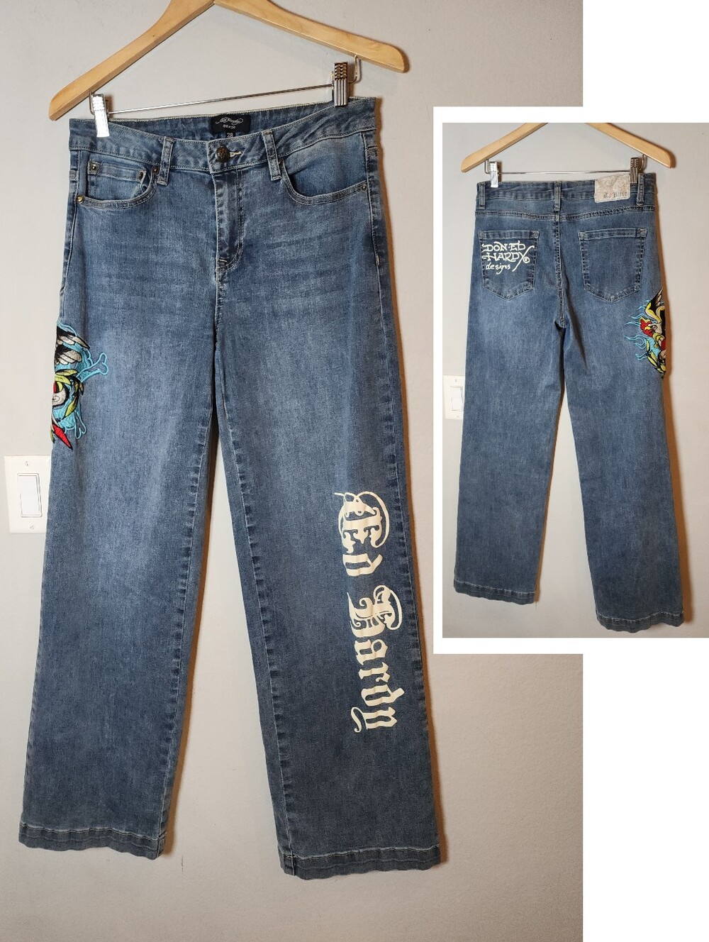 Ed Hardy Jeans Embroidered Patch Eagle Stretch Denim Women's Size 28 Size 6